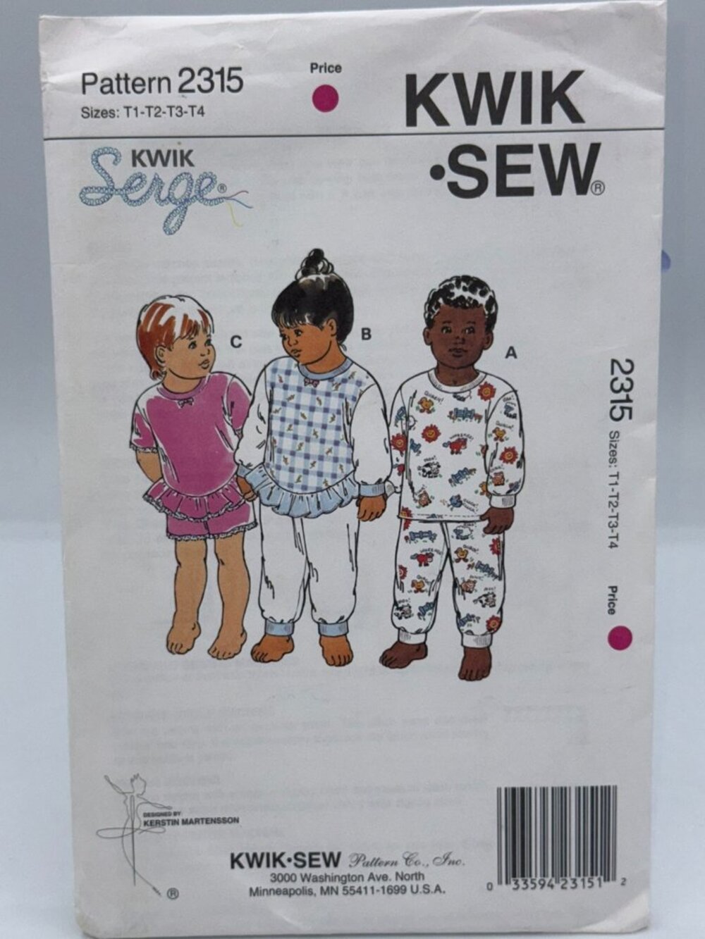 Kwik Sew 2315 Toddler Pajamas Sewing Pattern T1–T4 Vintage